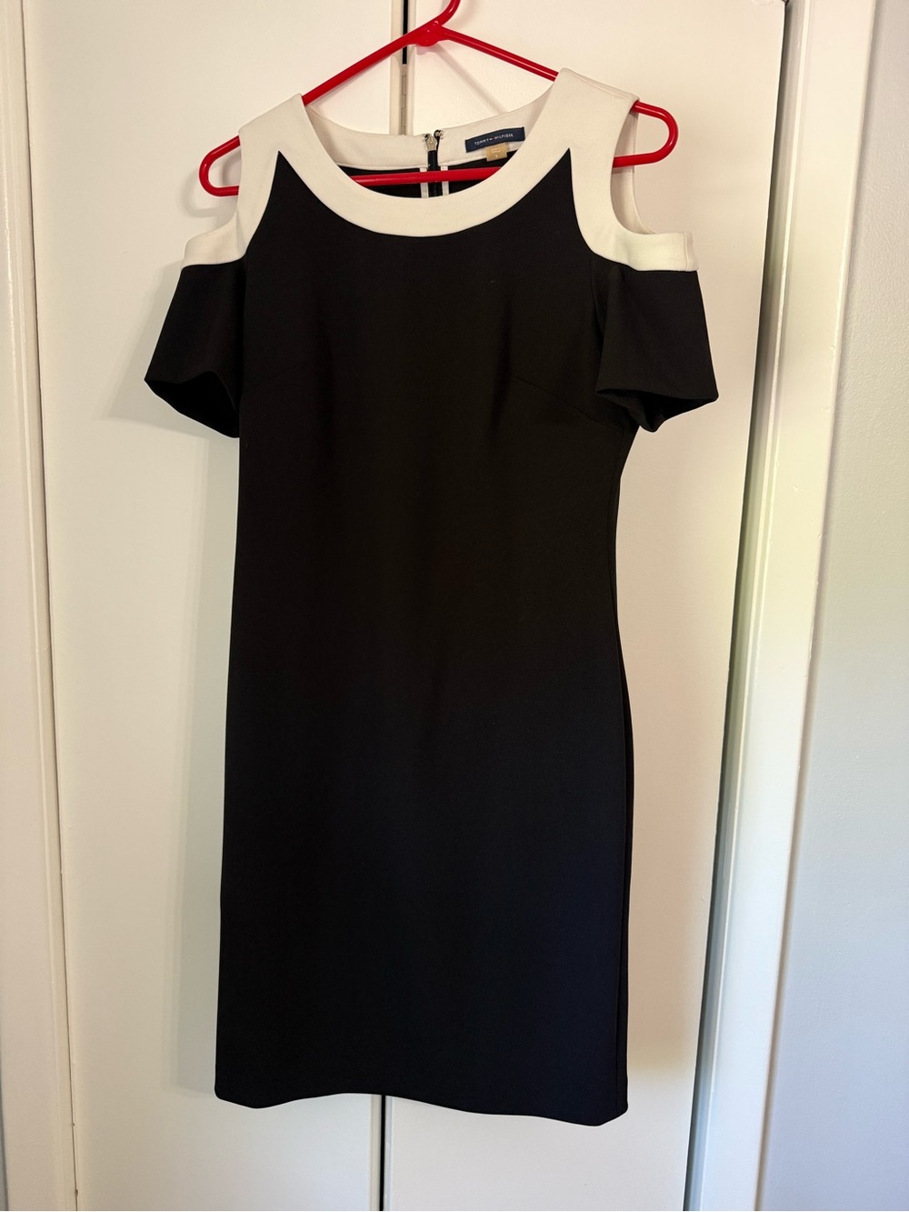 Tommy Hilfiger Black and White Cut Out Shoulder Sheath Dress
